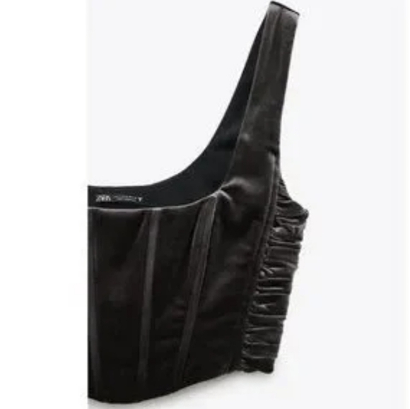 Zara Velour Velvet Metal Gray Stretchy Corset Ruched Crop Top Sz M - Picture 3 of 9